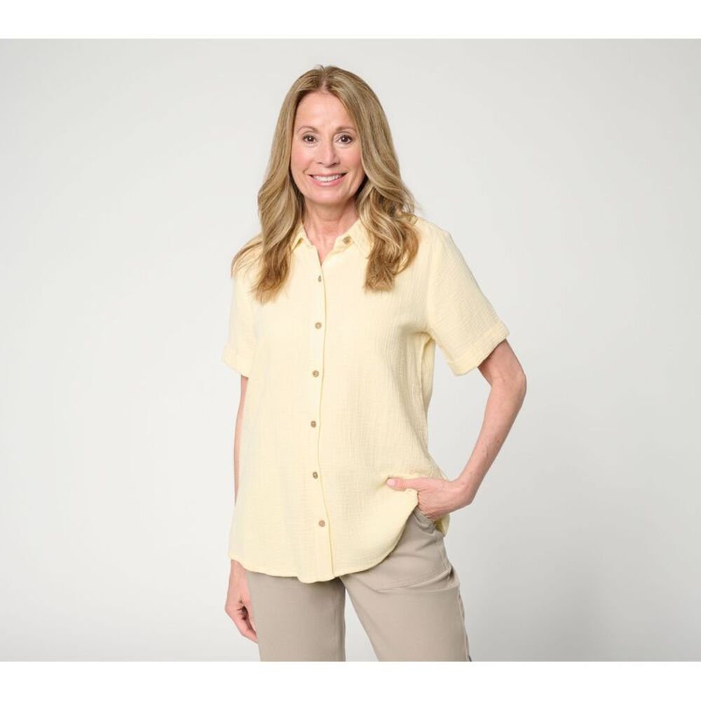 Susan Graver Women's Top Sz M PURE Cotton Gauze Button Front Tunic Yellow